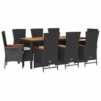 9 Piece Garden Dining Set with Cushions Black Poly Rattan