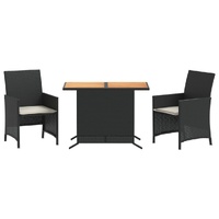 3 Piece Bistro Set with Cushions Black Poly Rattan