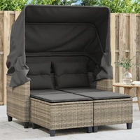 Garden Sofa 2-Seater with Canopy and Stools Light Grey Poly Rattan