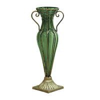  green colored european glass flower vase solid base with two gold metal handle