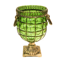 green colored european glass jar flower vase solid base with metal handle