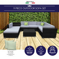 Milano Outdoor 9 Piece Rattan Sofa Set - Black Coating & Grey Seats