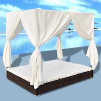 Outdoor Lounge Bed with Curtains Poly Rattan