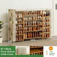 Cover Six Tier Oxford Cloth Covered Tower Bamboo Wooden Shoe Rack Boot Shelf Stand Storage Organizer
