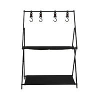  Foldable Camping Storage Shelves 2 Layer with Hooks Black