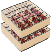 Set of 2 Fabric Drawer Organizer Divider Storage Boxes for Storing Socks, Underwear, Ties, Scarves (Beige)