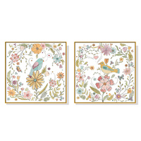 Wall Art 100cmx100cm Floral birds 2 Sets Gold Frame Canvas