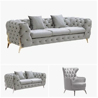 Grand Tufted Lounge - Light Grey Velvet - Silver Legs