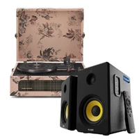 Crosley Voyager Bluetooth Portable Turntable - Floral + Bundled Majority D40 Bluetooth Speakers - Black
