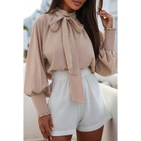 Azura Exchange Khaki Frilled Knotted Blouse with Bishop Sleeves - L