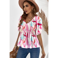 Azura Exchange Puff Sleeve Peplum Top with Abstract Print - L