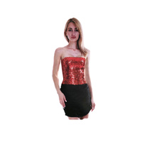 Womens SEQUIN BANDEAU CROP TOP Sparkling Sparkly Costume Tube - Red