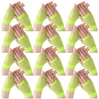 12 Pair Fishnet Gloves Fingerless Wrist Length 70s 80s Costume Party - Fluro Yellow