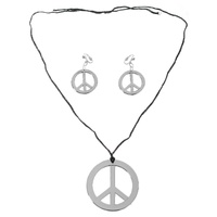HIPPIE Necklace & Earring Set Peace Signs Party Costume Halloween 60s 70s - Silver