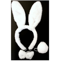 WHITE RABBIT EARS HEADBAND w Bow Tail Animal Costume Halloween Party Hair Accessory