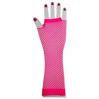 FISHNET GLOVES Fingerless Elbow Length 70s 80s Womens Costume Party Dance - Hot Pink - One Size