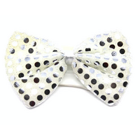 SEQUIN BOW TIE Polka Dots Bowtie Party Unisex Costume  13cm x 9cm Clown - White/Silver