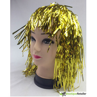 Tinsel Metallic Wig 70s 50s 20s Costume Mens Womens Unisex Disco Fancy Dress Up - Gold/Yellow