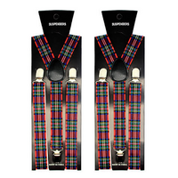 2x Mens Suspenders Braces Adjustable Strong Clip On Elastic Formal Wedding Slim - Tartan 1