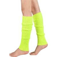 Pair of Womens Leg Warmers Disco Winter Knit Dance Party Crochet Legging Socks Costume - Fluro Yellow