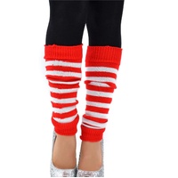 Pair of Womens Leg Warmers Disco Winter Knit Dance Party Crochet Legging Socks Costume - Red/White Stripe