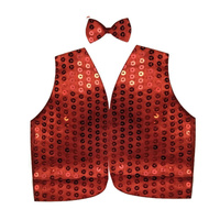 Mens SEQUIN VEST Dance Costume Party Coat Disco Accessory Sparkle Waistcoat - Red