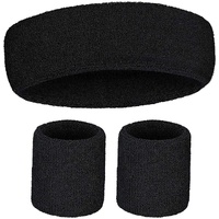 WRISTBAND & HEADBAND SET Tennis Terry Towelling Cotton Sweat Band Team Gym  - Black