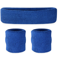 WRISTBAND & HEADBAND SET Tennis Terry Towelling Cotton Sweat Band Team Gym  - Blue