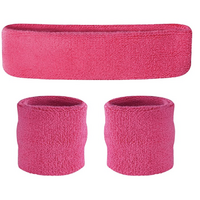 WRISTBAND & HEADBAND SET Tennis Terry Towelling Cotton Sweat Band Team Gym  - Hot Pink