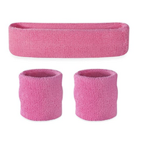WRISTBAND & HEADBAND SET Tennis Terry Towelling Cotton Sweat Band Team Gym  - Light Pink