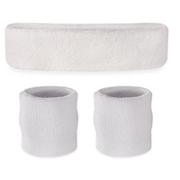 WRISTBAND & HEADBAND SET Tennis Terry Towelling Cotton Sweat Band Team Gym  - White