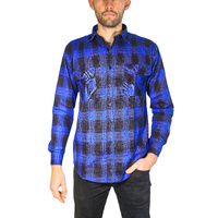 Mens Flannelette Long Sleeve Shirt 100% Cotton Check Authentic Flannel - Full Placket - Royal Blue - L