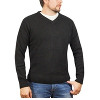 100% Shetland Wool V Neck Knit Jumper Pullover Mens Sweater Knitted - Plain Black - 6XL