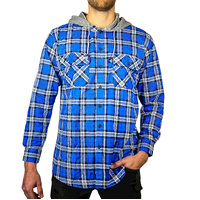 Mens Cotton Flannelette Shirt w Jersey Hood Long Sleeve Flannel - Spanish Blue - XXL