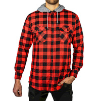 Mens Cotton Flannelette Shirt w Jersey Hood Long Sleeve Flannel - Red/Black - 3XL