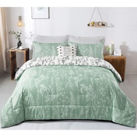 Floral Comforter Set, King Size, Green White Floral Pattern Reversible Bedding
