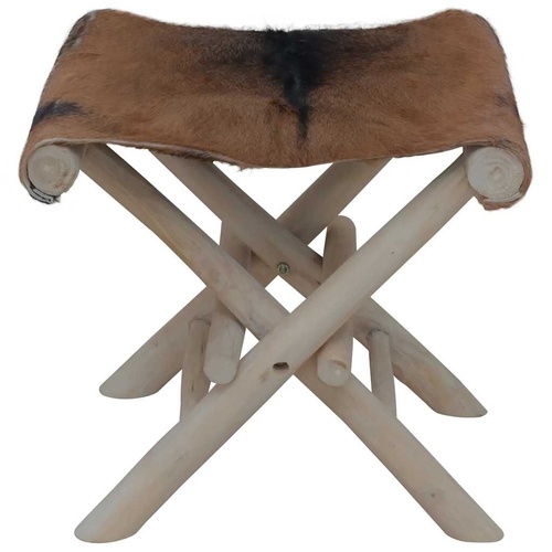 Folding Stool Real Leather and Solid Teak Wood
