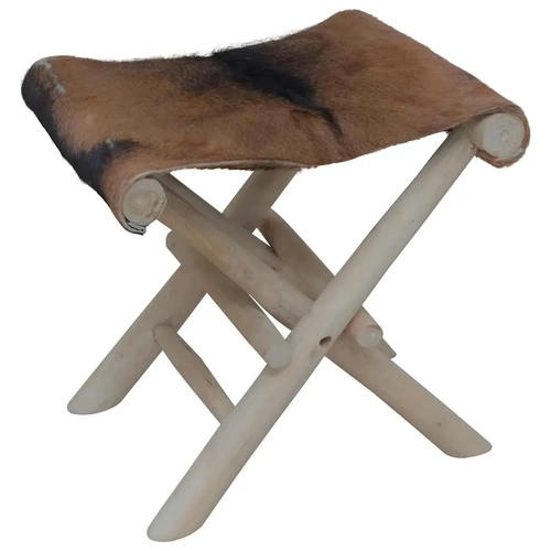 Folding Stool Goatskin Leather and Solid Teak Wood