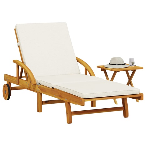 Sun Lounger with Cushion and Table Solid Wood Acacia
