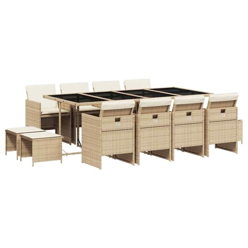 13 Piece Garden Dining Set with Cushions Beige Poly Rattan
