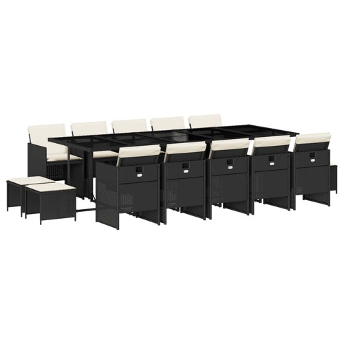 15 Piece Garden Dining Set with Cushions Black Poly Rattan