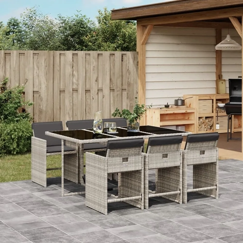 7 Piece Garden Dining Set with Cushions Light Grey Poly Rattan