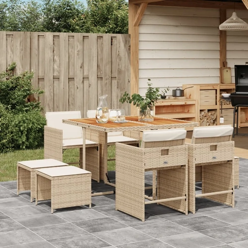 9 Piece Garden Dining Set with Cushions Beige Poly Rattan