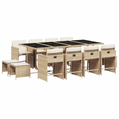13 Piece Garden Dining Set with Cushions Beige Poly Rattan