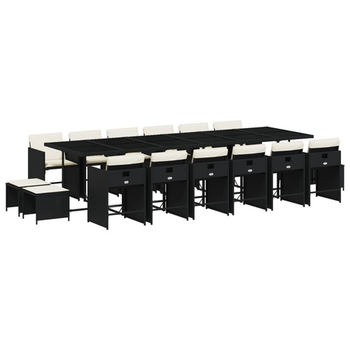 17 Piece Garden Dining Set with Cushions Black Poly Rattan