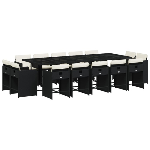 15 Piece Garden Dining Set with Cushions Black Poly Rattan
