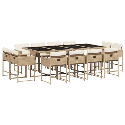 13 Piece Garden Dining Set with Cushions Beige Poly Rattan