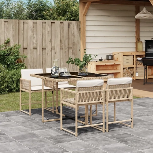 5 Piece Garden Dining Set with Cushions Beige Poly Rattan