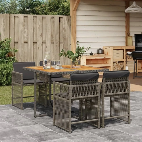 5 Piece Garden Dining Set with Cushions Grey Poly Rattan