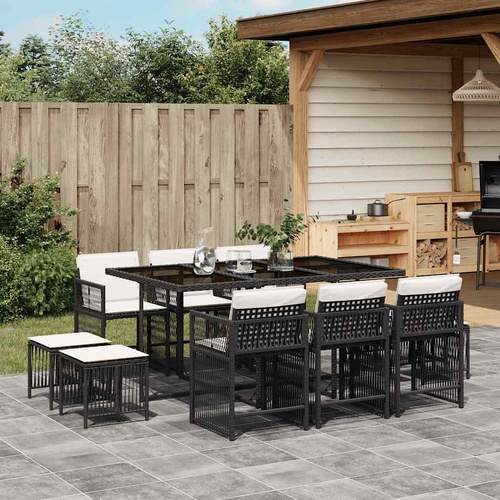 11 Piece Garden Dining Set with Cushions Black Poly Rattan